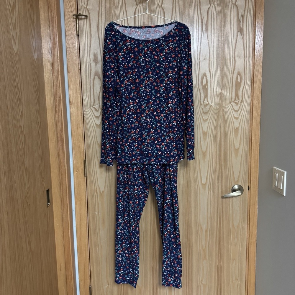 Croft & Barrow Women's Pajama Set L Navy Floral Print 2 Pc Sleepwear EUC